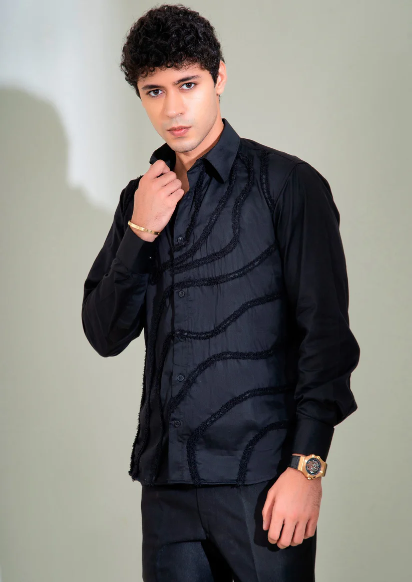 Black Fringe Lace Shirt For Men
